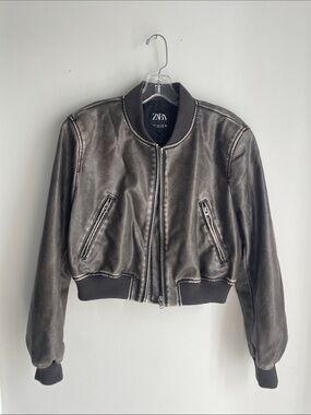 Zara faux leather distressed bomber jacket brown size med